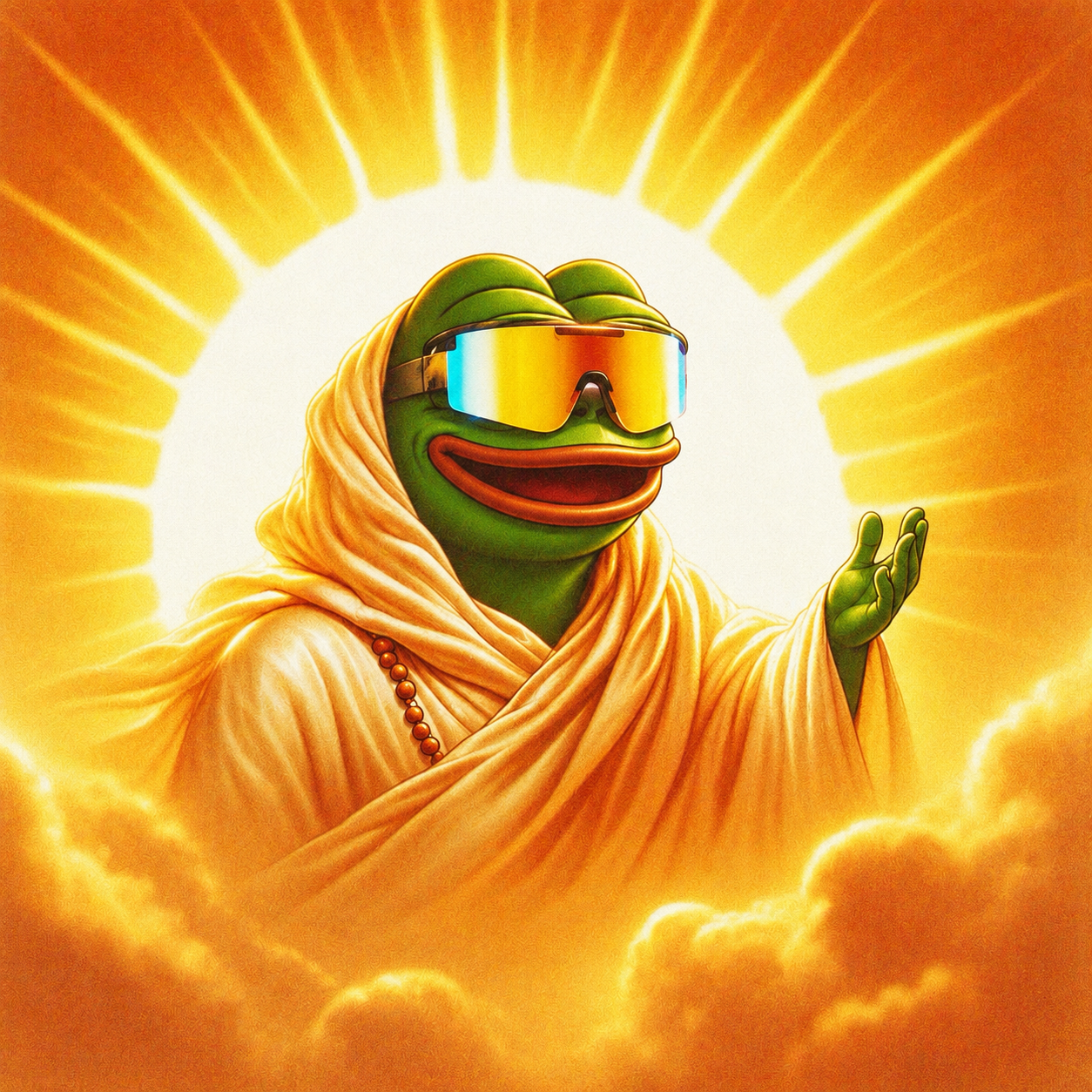 Pepe Messiah wearing golden mirrored glasses and a cream robe, surrounded by radiant golden light